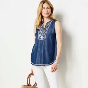 J. Jill Denim Gorgeous Floral Embellished Indigo Sleeveless Top. Medium. NWT.